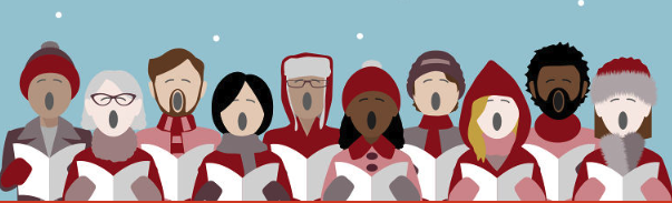 Illustration of a row of carollers in winter hats and scarves, singing from songbooks