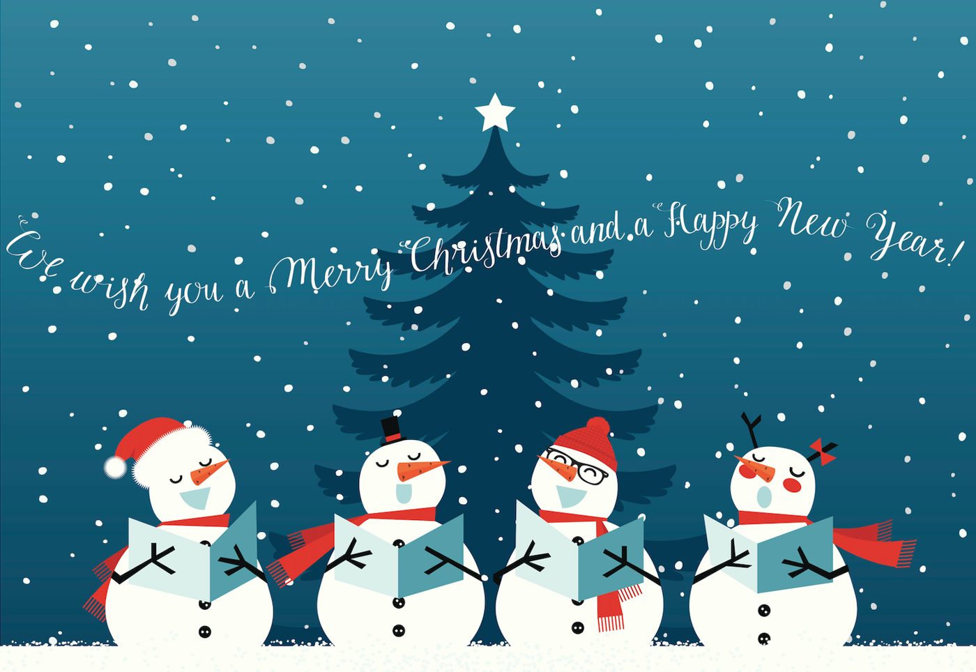 Illustrated holiday card of four carolling snowmen: We wish you a Merry Christmas and a Happy New Year!